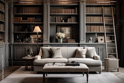 Elegant home library with classic beige sofa © miriam artgraphy