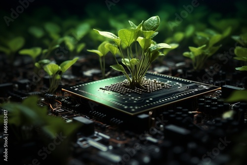 Green sprout emerging from microchip on circuit board