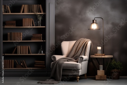 Cozy reading corner with ambient lighting and books