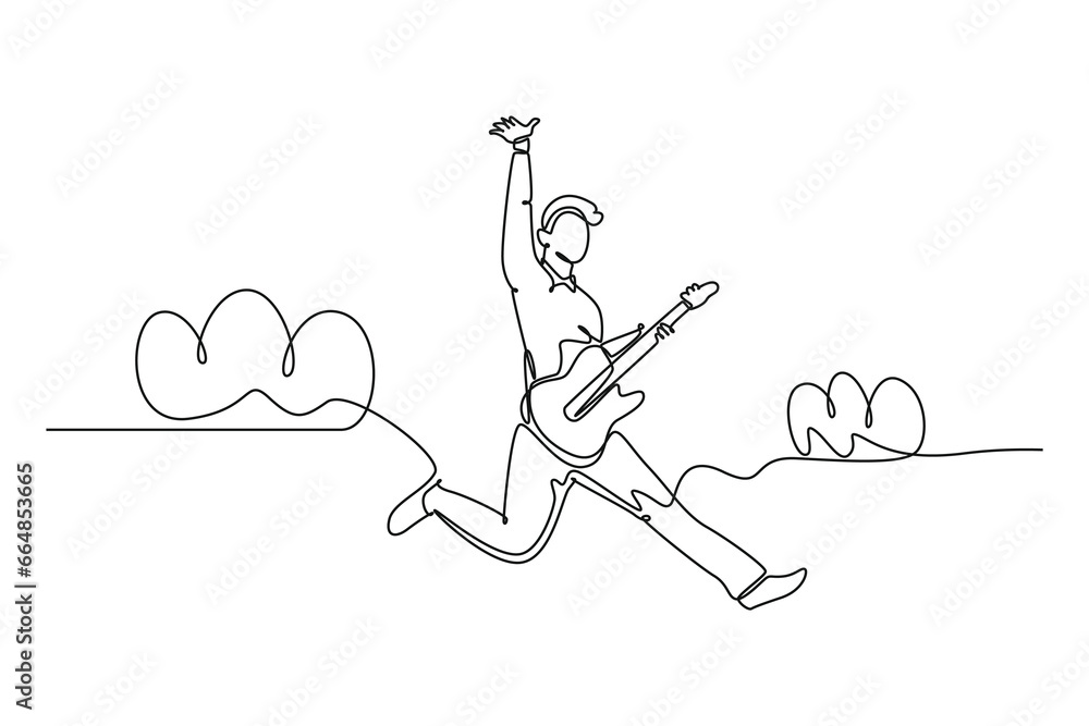 Continuous one line drawing young energetic guitarist jumping at stage and playing electric guitar. Energetic musician artist performance concept. Single line draw design vector graphic illustration