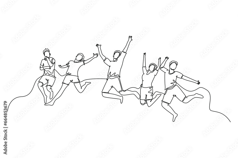 Single continuous line drawing of group of young happy male and female jumping together to celebrate their vacation. Traveling holiday concept. Dynamic one line draw graphic design vector illustration