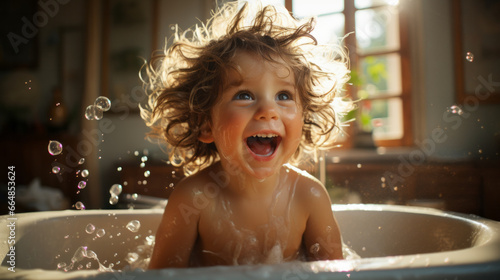 Young baby kid laughing in the bathtub with foam
