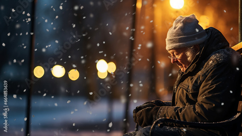 Old elderly man sitting on a park bench alone on cold winter night , loneliness during christmas holidays concept with copy space