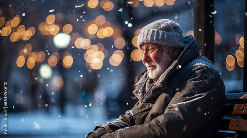 Old elderly man sitting on a park bench alone on cold winter night , loneliness during christmas holidays concept with copy space © Keitma