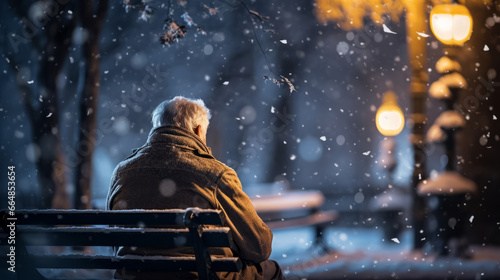 Old elderly man sitting on a park bench alone on cold winter night , loneliness during christmas holidays concept with copy space photo