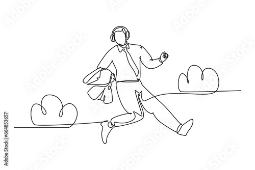 Continuous one line drawing of young happy business man carrying a suit jumping over the cloud while listening music. Business success celebration. Single line draw design vector graphic illustration