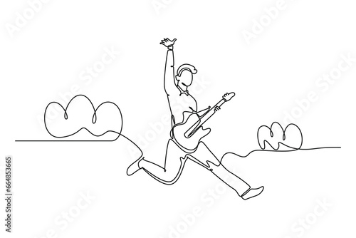 Continuous one line drawing young energetic guitarist jumping at stage and playing electric guitar. Energetic musician artist performance concept. Single line draw design vector graphic illustration