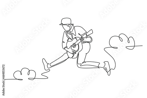 Continuous one line drawing young energetic guitarist jumping at stage and playing electric guitar. Energetic musician artist performance concept. Single line draw design vector graphic illustration