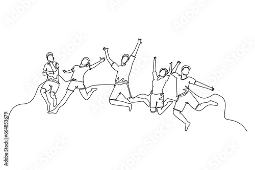 Single continuous line drawing of group of young happy male and female jumping together to celebrate their vacation. Traveling holiday concept. Dynamic one line draw graphic design vector illustration
