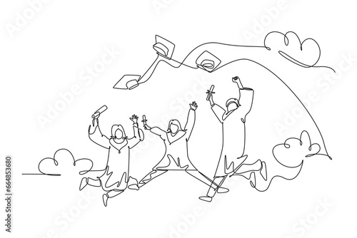 Single continuous line drawing group of young happy graduate male and female college student jumping and wear graduation gown. Education celebration. One line draw graphic design vector illustration