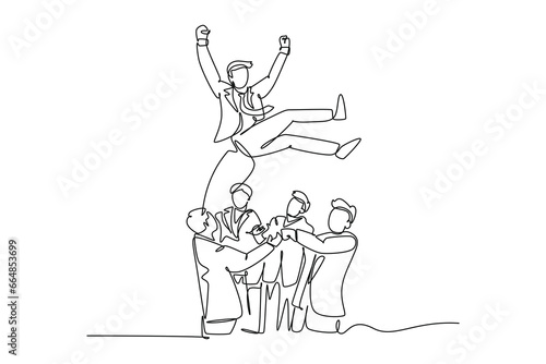 Single continuous line drawing group of happy businessman toss up person celebrating success victory achievement together. Joyful team congratulation man colleague. One line design vector illustration photo
