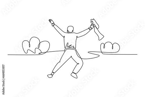 Single one line drawing back view of happy business man stretch out his hands into the air and jumping over the cloud. Business celebration. Continuous line draw design graphic vector illustration
