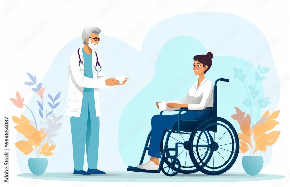 Fototapeta premium a woman in a wheelchair is being helped by a doctor,
