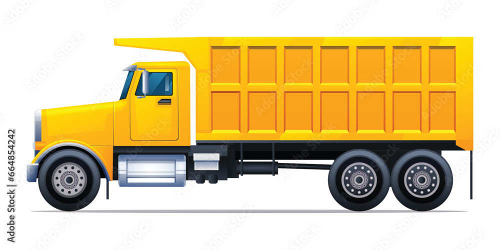 Dump truck side view vector cartoon illustration. Heavy machinery construction vehicle isolated on white background