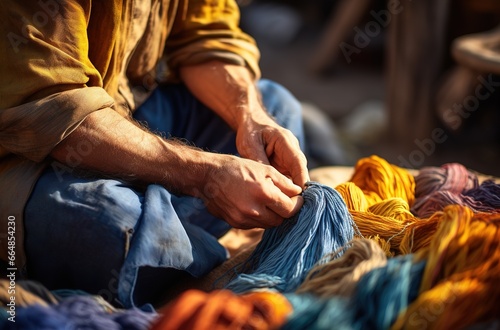 Hands of Elderly woman weaving a basket, a modern traditional heritage craft passed down through generations. The basket is made of straw, wicker, and cotton.