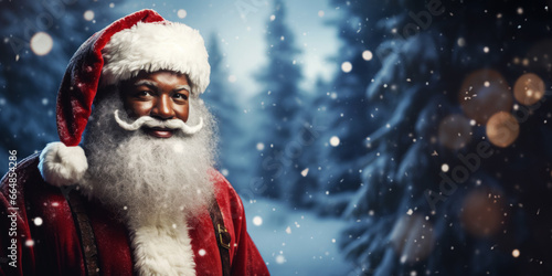 Black african american santa claus in snow in front of trees. With copy space. © Chrixxi