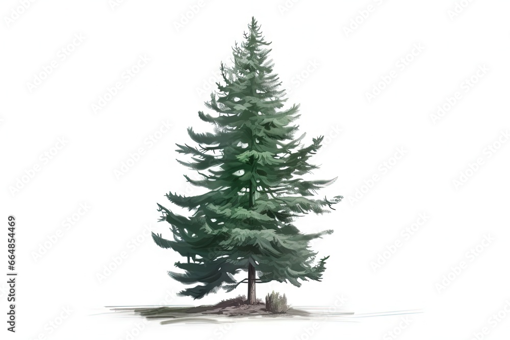 Tall evergreen pine tree on grass on white background