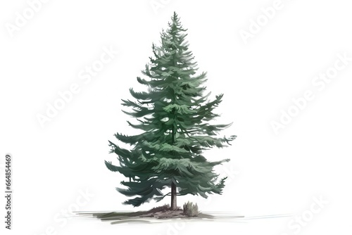 Tall evergreen pine tree on grass on white background photo