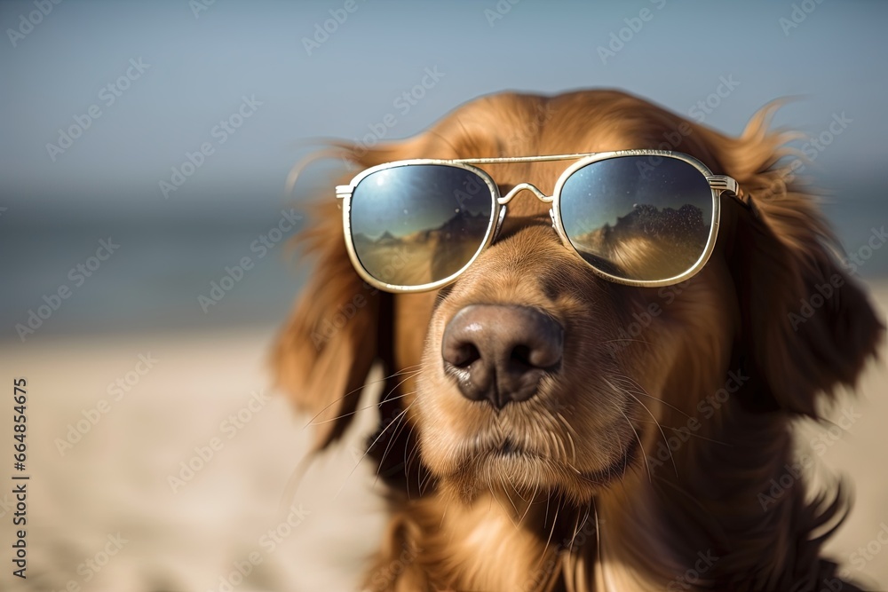Cool Golden Retriever Dog in sunglasses on the Beach