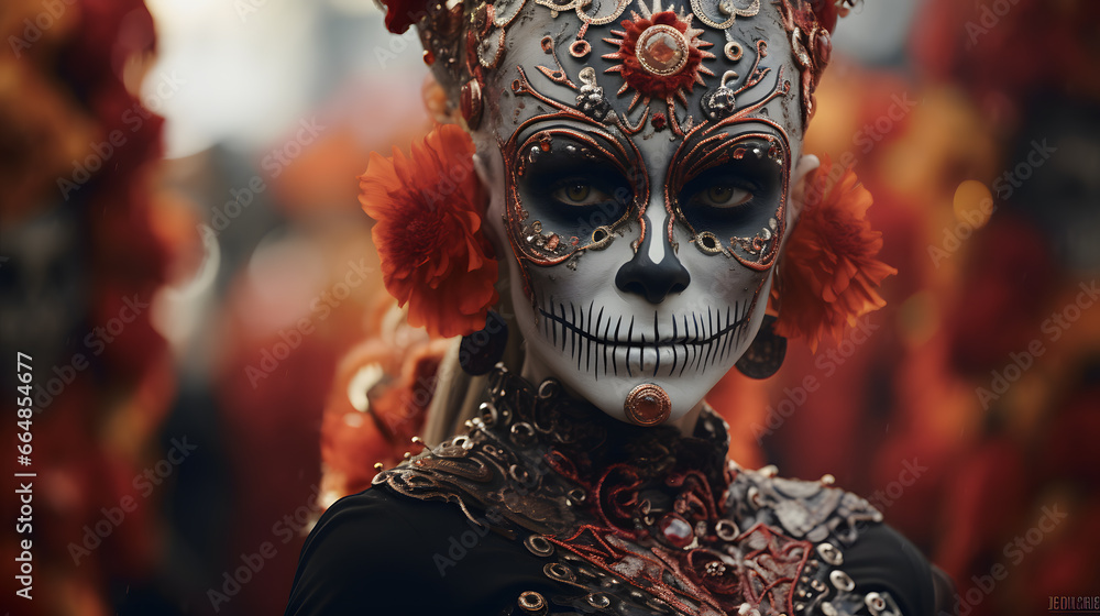 Zoom in on the detailed face paint and costumes of celebrants, highlighting the rich tradition of transforming into elegant skeletons and spirits.