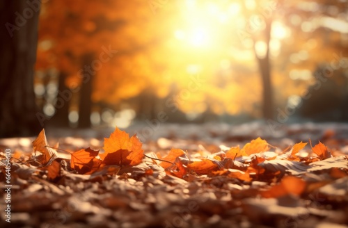 Vibrant autumn landscape with colorful leaves covering the ground. Dew and raindrops create a beautiful texture. Perfect outdoor background for showcasing the beauty of the season.