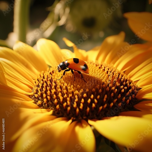 A ladybug crawling on a sunflower petal in