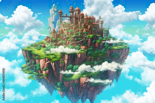 Ancient Heavenly Floating island in the sky with a castle, vibrant, fantasypunk. © MdImam