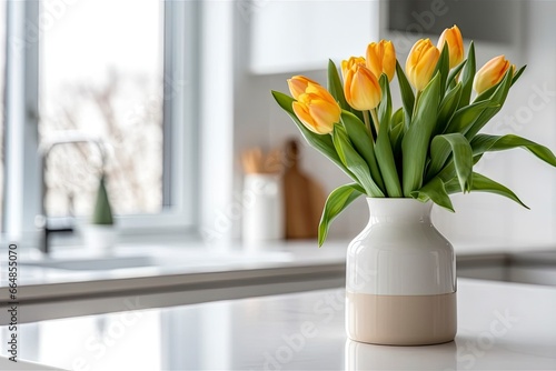 A bouquet of tulips on a white table. #664855070