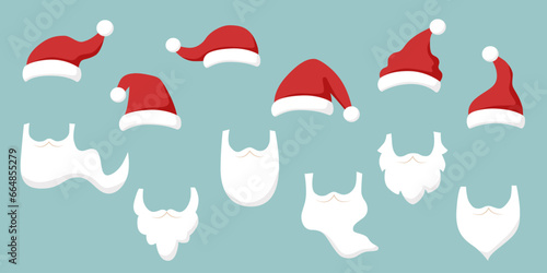 Set of Santas hats and beards in the flat style Fototapeta