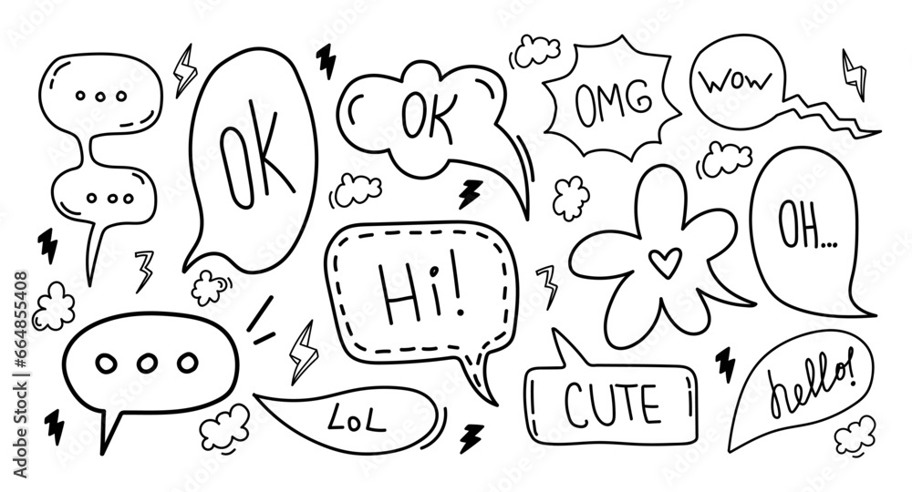 Hand-drawn doodle-style set of message and bubble elements illustration for cards, posters, stickers, and professional design