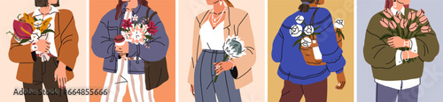 Fashion girls with flowers in hands, cards set. Modern stylish women holding beautiful floral bouquets for holiday, gentle spring blooms. Trendy romantic female posters set. Flat vector illustrations