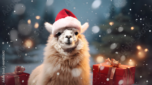 Super cute alpaca in Santa hat with gift boxes. Merry Christmas greeting concept. AI generated image. © yekaterinalim