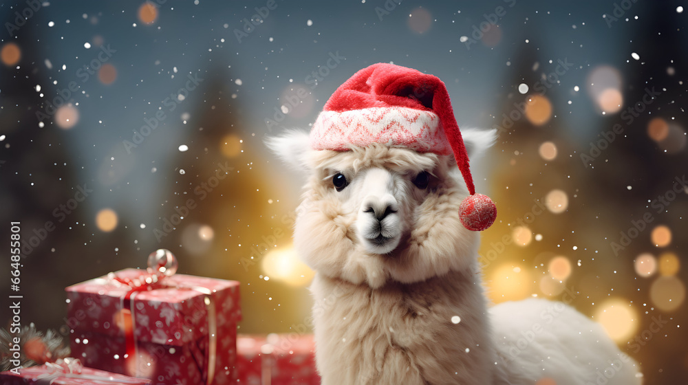 Super cute alpaca in Santa hat with gift boxes. Merry Christmas greeting concept. AI generated image. Super cute alpaca in Santa hat with gift boxes. Merry Christmas greeting concept. AI generated image.