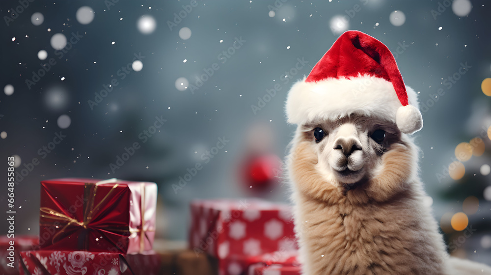 Super cute alpaca in Santa hat with gift boxes. Merry Christmas greeting concept. AI generated image. Super cute alpaca in Santa hat with gift boxes. Merry Christmas greeting concept. AI generated image.