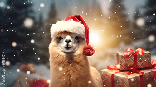 Super cute alpaca in Santa hat with gift boxes. Merry Christmas greeting concept. AI generated image. photo