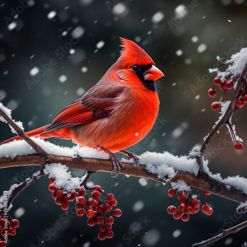 A red cardinal perched on a snow-covered branch in © jannat