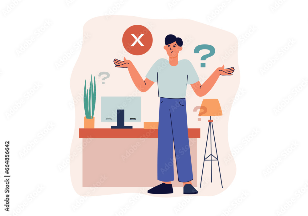 No request found concept with people scene in the flat cartoon design. The guy wonders why it is impossible to find his request on the Internet. Vector illustration.