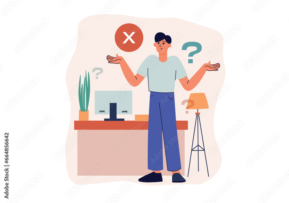 No request found concept with people scene in the flat cartoon design. The guy wonders why it is impossible to find his request on the Internet. Vector illustration. No request found concept with people scene in the flat cartoon design. The guy wonders why it is impossible to find his request on the Internet. Vector illustration.