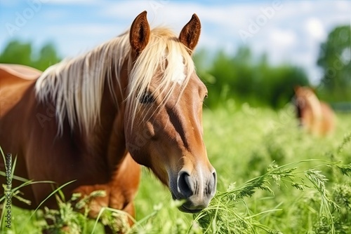 Brown horse with blond hair eats grass on a green meadow detail from the head.