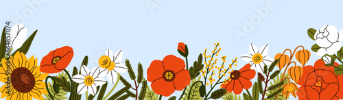 Blossomed flowers border. Floral nature background. Long botanical banner. Sp...