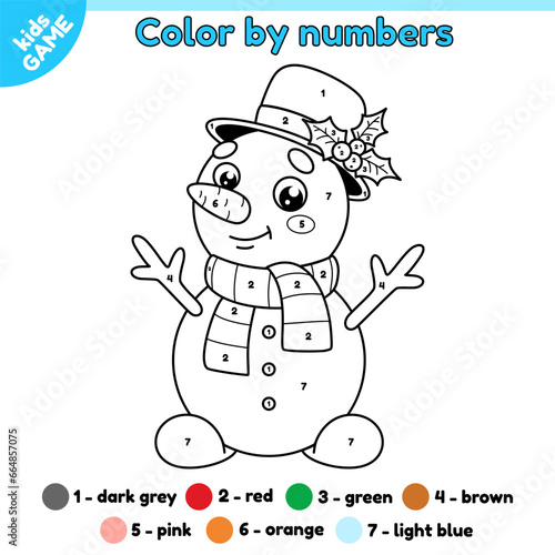 Page of the coloring book by numbers for children with cartoon snowman in scarf and hat with mistletoe. Color contour winter snow character. Educational puzzle game for kids. Outline vector design.