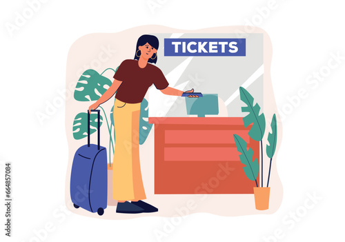 Concept Travel with people scene in the flat cartoon style. The girl goes on vacation to travel, so she buys a plane ticket. Vector illustration.