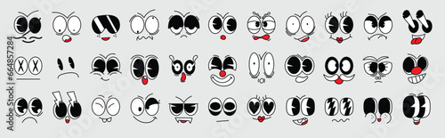 Set of 70s groovy comic faces vector. Collection of cartoon character faces, in different emotions, happy, angry, sad, cheerful. Cute retro groovy hippie illustration for decorative, sticker.