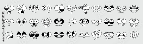 Set of 70s groovy comic faces vector. Collection of cartoon character faces, in different emotions, happy, angry, sad, cheerful. Cute retro groovy hippie illustration for decorative, sticker.