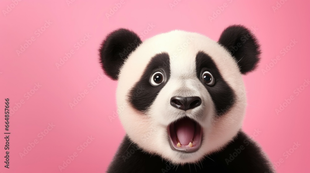 Shocked panda with big eyes isolated on pink background, funny animal expression, cute and surprised face, space background for sale banner. Shocked panda with big eyes isolated on pink background, funny animal expression, cute and surprised face, space background for sale banner.