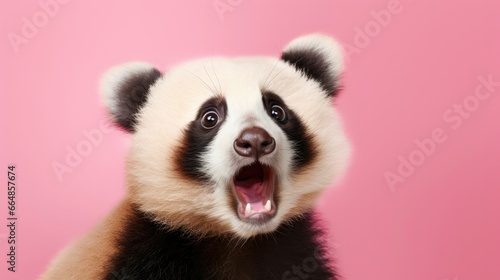 Shocked panda with big eyes isolated on pink background, funny animal expression, cute and surprised face, space background for sale banner.