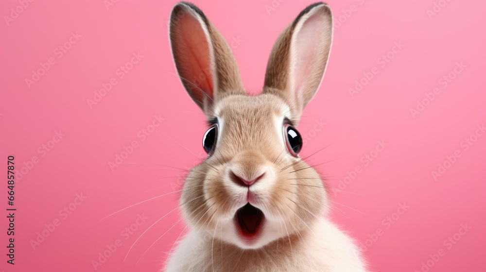 Shocked rabbit with big eyes isolated on pink background, cute and surprised face, Studio portrait of surprised rabbit, space background for sale banner poster.