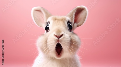 Shocked rabbit with big eyes isolated on pink background, cute and surprised face, Studio portrait of surprised rabbit, space background for sale banner poster. © Manyapha