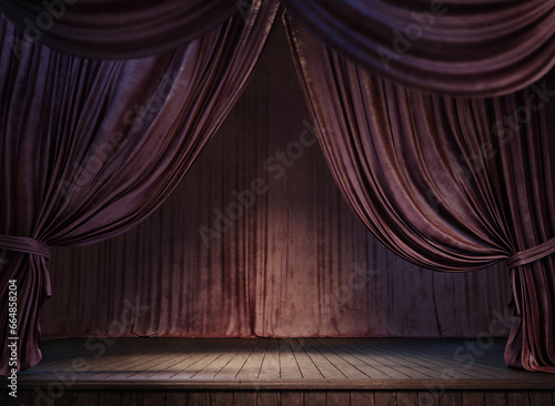 Magic theater stage red curtains Show Spotlight. 3d render, llustration.