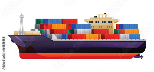 Cargo ship with containers vector illustration. Shipping freight transportation isolated on white background